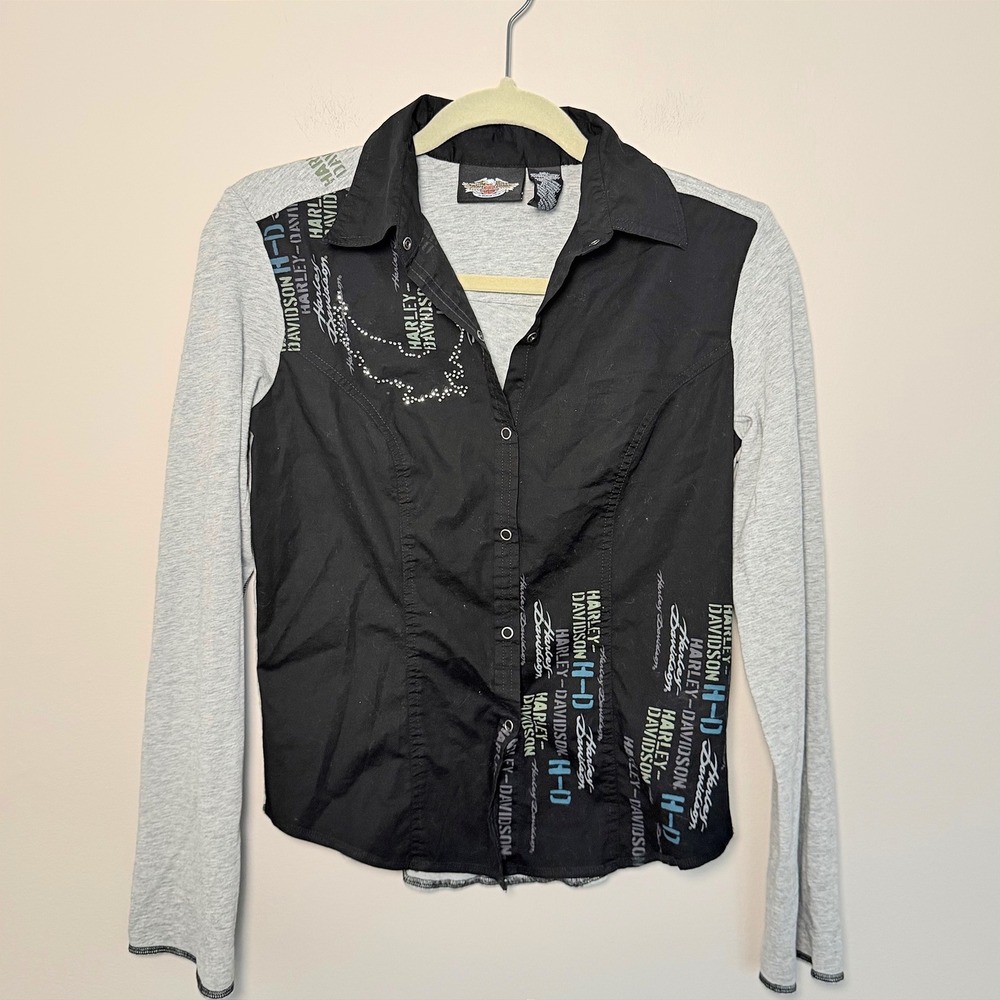 VTG Harley Davidson Button Down Rhinestone Blouse Eagle Logo Y2K Top SZ S